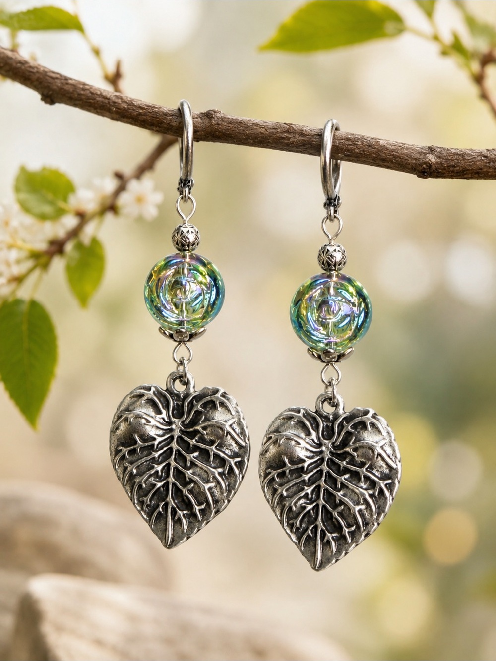 AB Rose Glass Leaf Earrings, Botanical Silver Dangle, Premium Leverbacks
